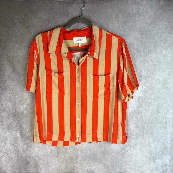 The Great. The Bowling Button Down Shirt Blouse In Sunset Stripe Orange Size 3 L - Picture 4 of 8